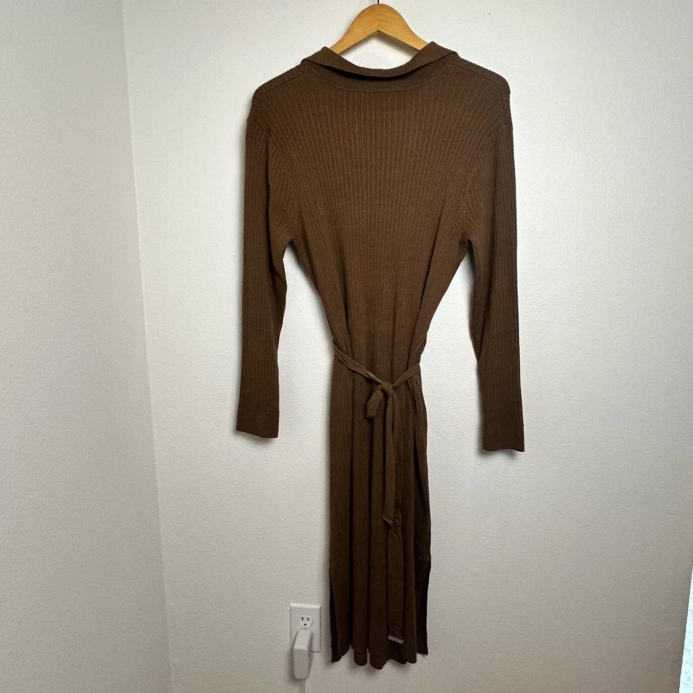 Tommy Hilfiger Brown Rib Knit Polo Midi Dress Long Sleeve Belted‎ Large Preppy